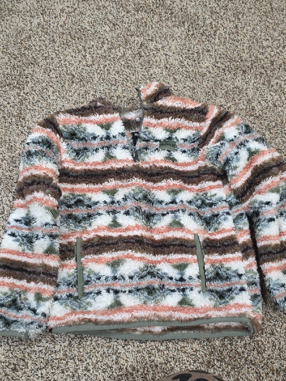 Hurley Kids Fuzzy Striped Zip-Up Jacket - White, Brown, Orange, Green